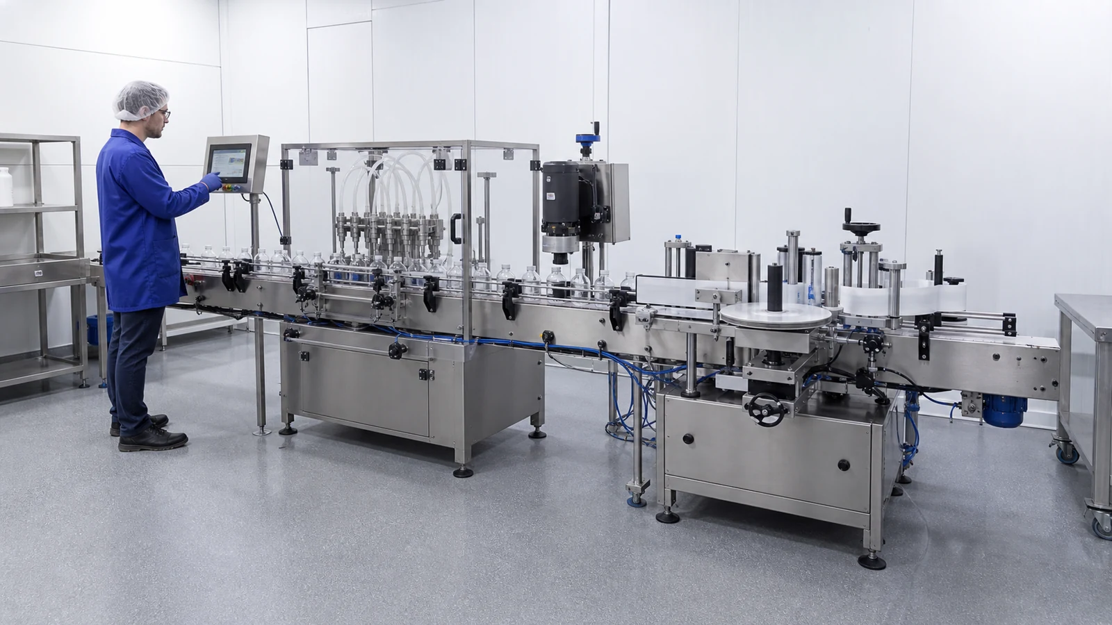 Operator using a compact filling and labelling line in production