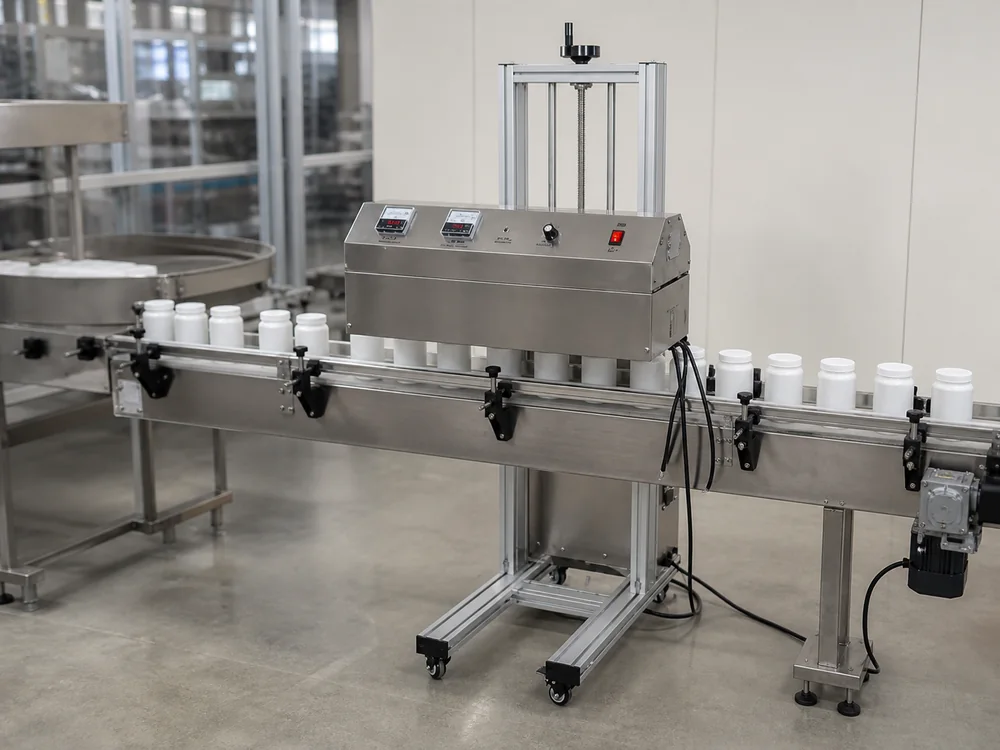 Induction sealing machine integrated with a conveyor