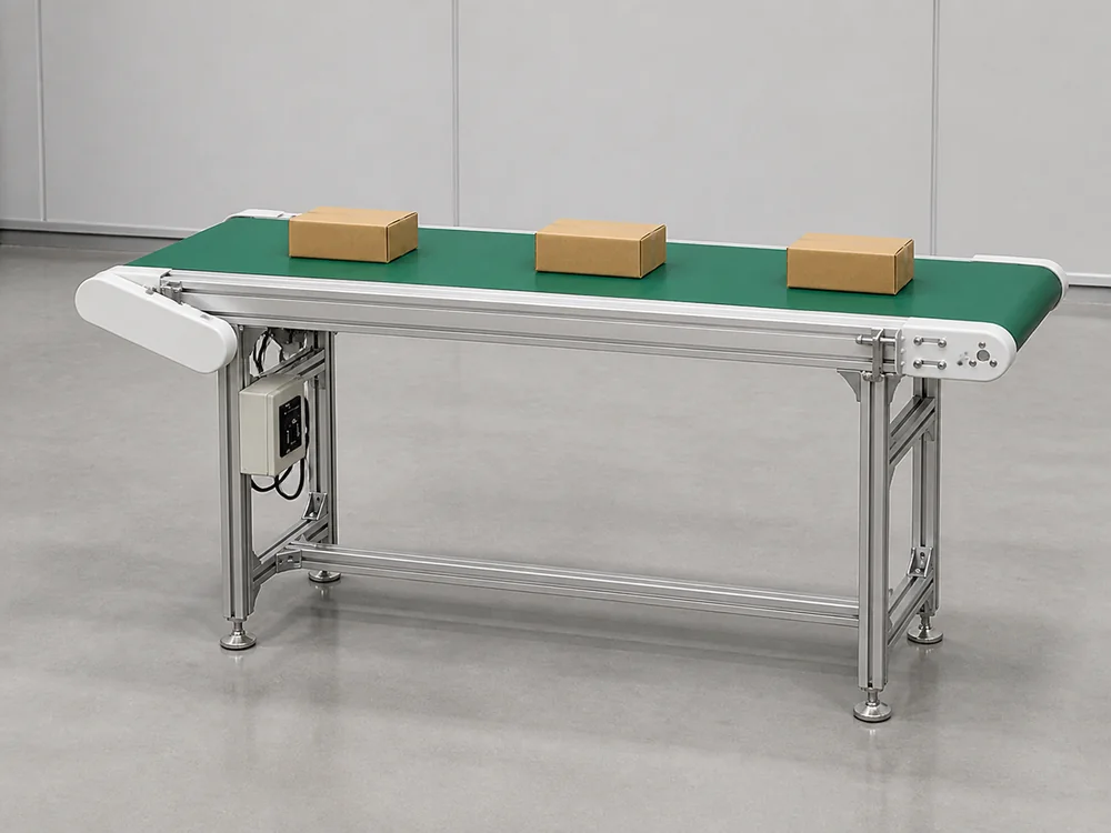 Conveyor moving containers through a packaging production line