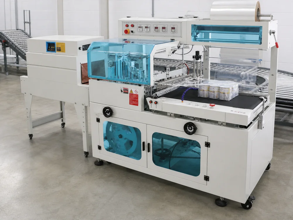 Shrink wrapping machine on a packaging line